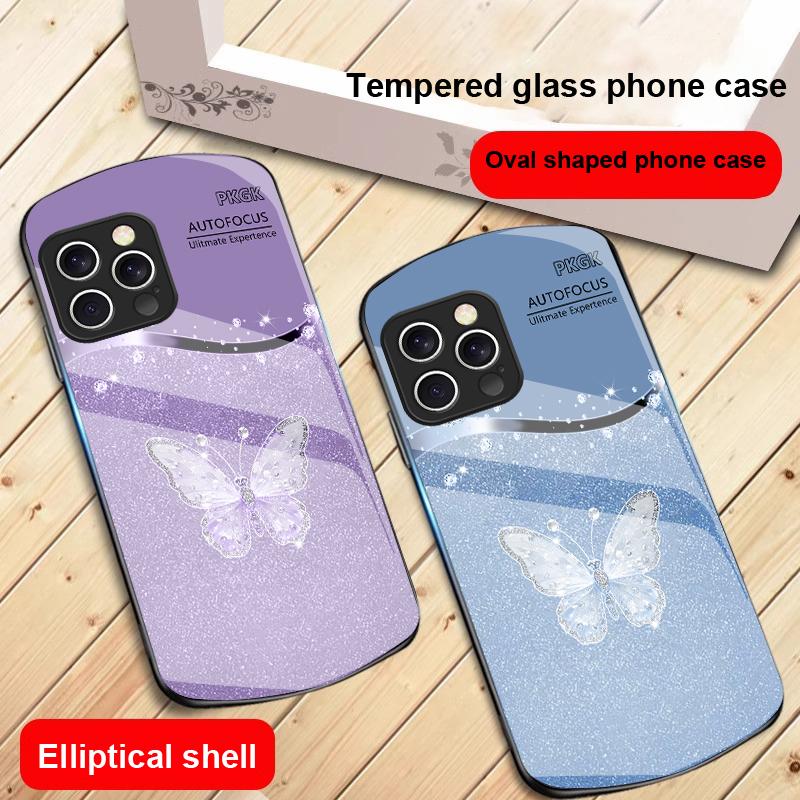 Gradient Diamond Butterfly For IPhone 16 Pro Max 16e 15 Pro 14 13 12 Mini 11 XS Max XR 7 8 Plu SE 22 Elliptical glass phone case
