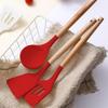 Non-Stick Silicone Cooking Utensils Set, 3 Pcs with Wooden Handle, Heat Resistant Silicone Kitchen Gadgets (Red)