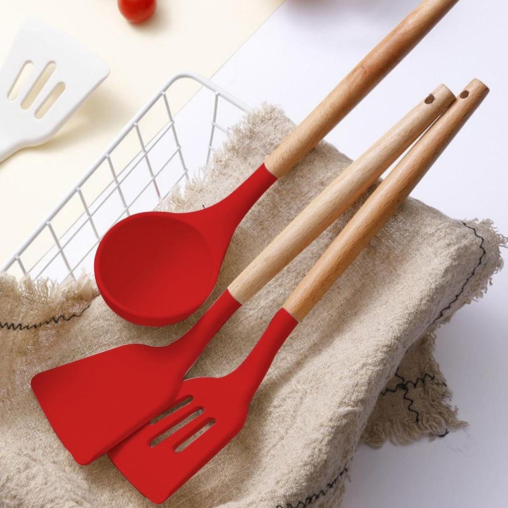 Non-Stick Silicone Cooking Utensils Set, 3 Pcs with Wooden Handle, Heat Resistant Silicone Kitchen Gadgets (Red)