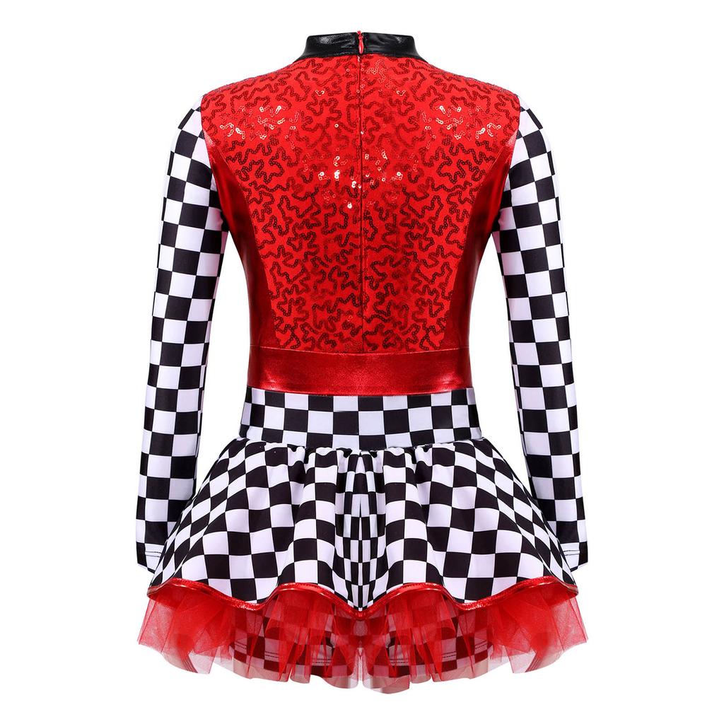 Комбинезон гонщицы для девочек, клетчатый принт, длинный рукав, воротник-стойка, пайеточная пэчворк, Хэллоуин косплей
