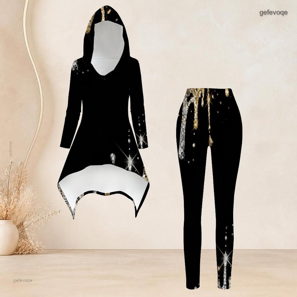 Women Plus Size Two Piece Set Hooded Long Sleeve Printed High Low Top And Fitted Pants Light Purple