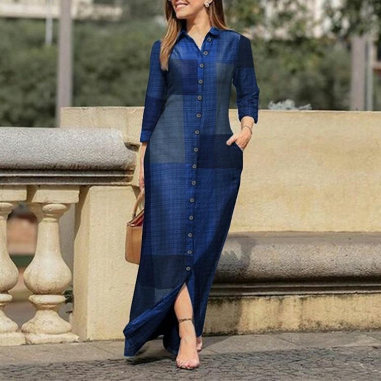 GMXIA Женская мода лето весна сплошной цвет печати с длинным рукавом ПОЛО шеи свободные повседневные платья на пуговицах