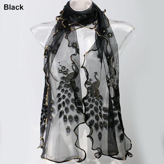 Women Fashion Peacock Flower Embroidered Lace Scarf Long Soft Wrap Shawl Stole
