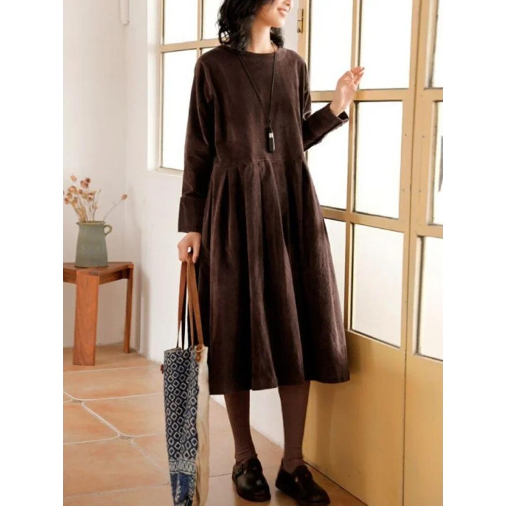 LYRIA Dress for Women Autumn Winter Japanese Korean Fashion Loose Casual Corduroy Clothing Vintage Elegant Long Sleeve A-line Dress