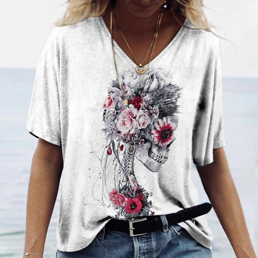 2022 New Women's T-shirts Skull Print Women's Short-sleeved Tops V-neck Pullover Streetwear Oversized T-shirts Summer Clothing