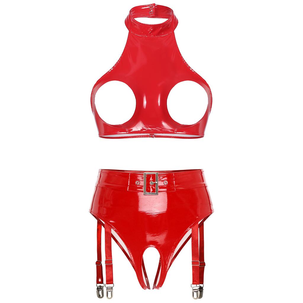 Womens Patent Leather Halter Open Bust Backless Crop Top Garter Underwear Set