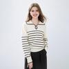 Qiushuiyiren Women's Striped Turn-Down Collar Knit Sweater