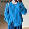 Autumn Winter Women's O-neck Thickened Warmblue Plush Coat Large Size Windproof Cold-proof Faux Fur Jacket with Button