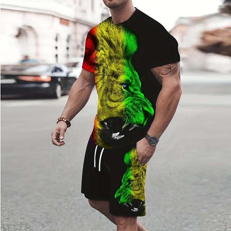 Модный мужской спортивный костюм с принтом тигра, свободный мужской топ в стиле Y2K, дышащий, свежий, с коротким рукавом, шорты, костюм