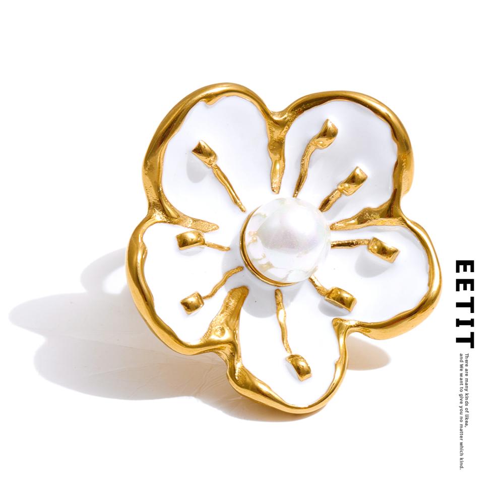 Eetit Popular Style White Enamel Pearl Korean Flower Earrings Ring Set Stainless Steel Daily Arrivals Jewelry Water Resistant