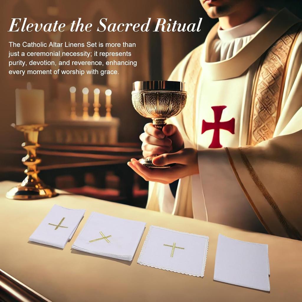 4 шт. Литургические принадлежности Льняной Корпорал для Церквей Наборы (Поддон,Капрал,Очиститель,Полотенце) Белая льняная алтарная скатерть с вышивкой золотого креста, Наборы для мессы