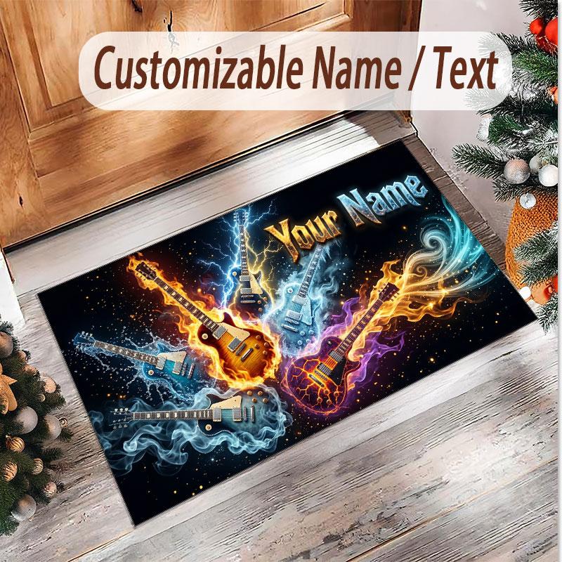 Music Guitar Theme Soft Crystal Velvet Rug Custom Name & Text Print Non Slip Floor Rug for Bedroom Living Room