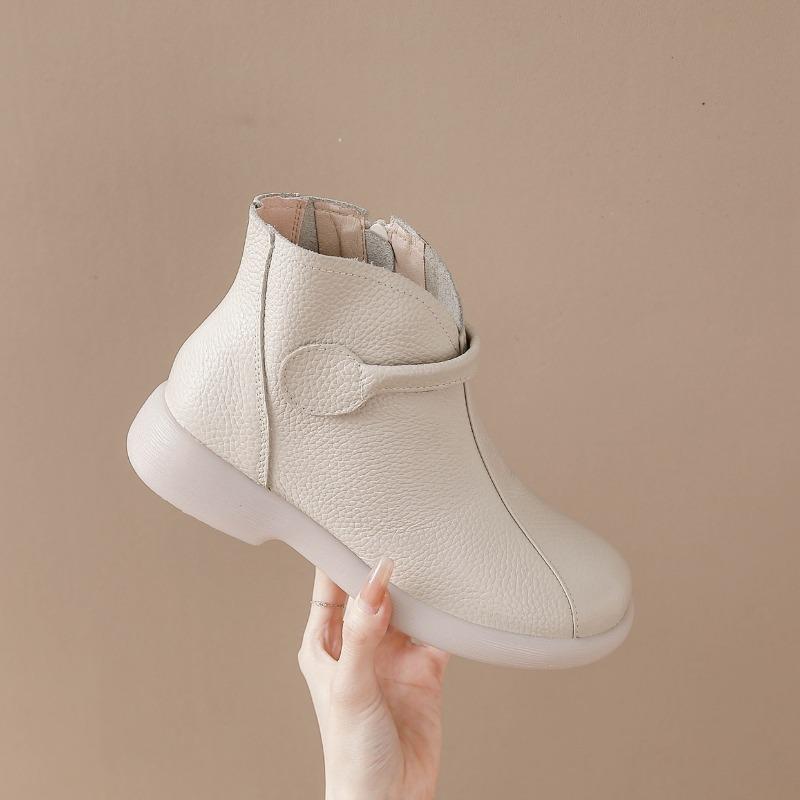 Мода 2025 Осень Ранняя Зима Обувь из Натуральной Кожи Женские Ботильоны Мягкие Ретро Бренд Женские Сапоги Большой Размер 41 Бежевый Черный D645