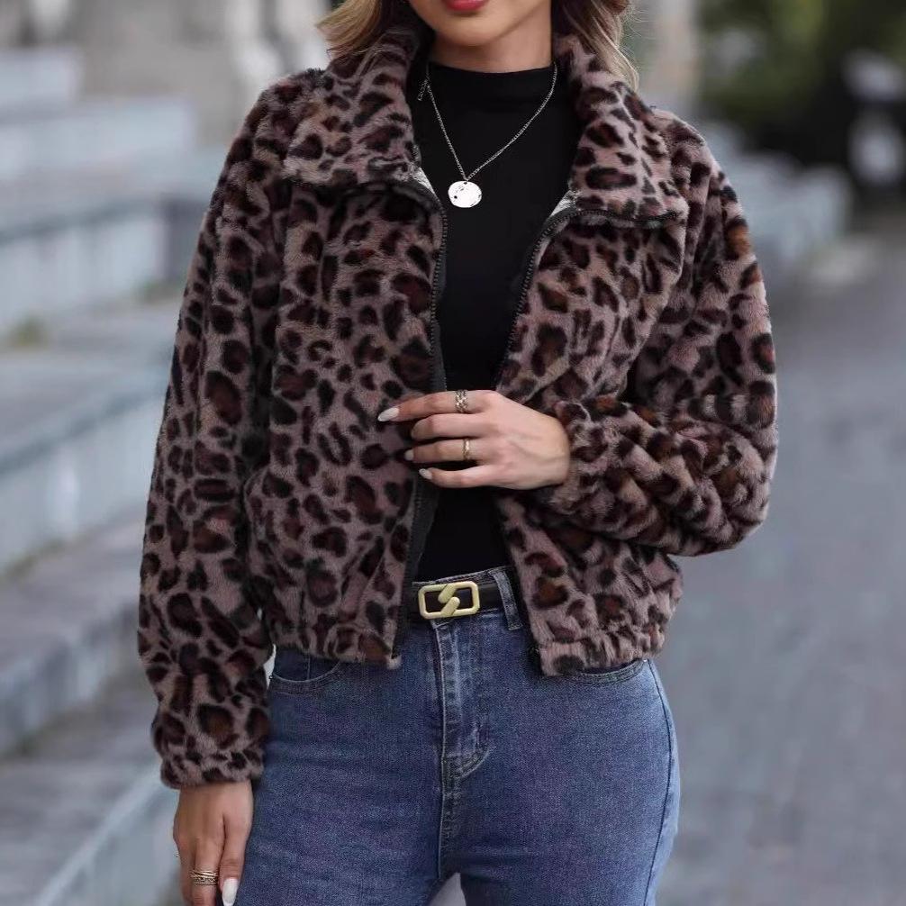 Women's Plus Size Autumn and Winter Loose Zipper Long Sleeve Leopard Print Plush Jacket