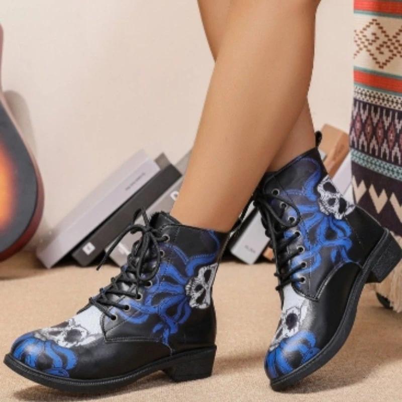 Обувь для женщин 2024 года, модные осенние женские ботинки со шнуровкой, с круглым носком, разноцветный принт, короткие ботинки на низком каблуке для поездок на работу