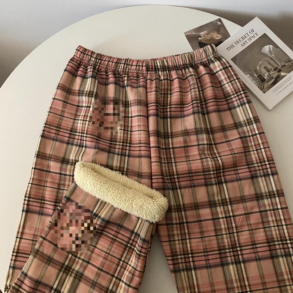 Women's High-Waisted Fleece-Lined Wool Plaid Wide-Leg Pants