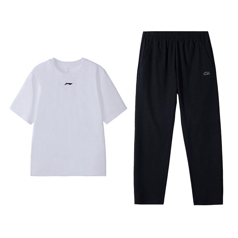 Li-Ning Минималистичный дизайн логотипа Дышащая футболка с коротким рукавом Удобные длинные брюки Спортивный костюм Мужской Спортивный костюм Белый Черный W773-2+B07-1