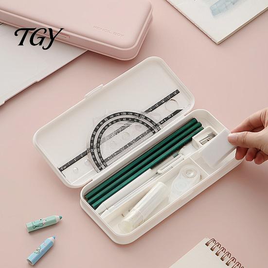 Hard Shell Pencil Organizer for Backpack 2Pcs Simple Case Students, Plastic Holder Macaroon Color Pouch with Multiple Compartments, Lightweight