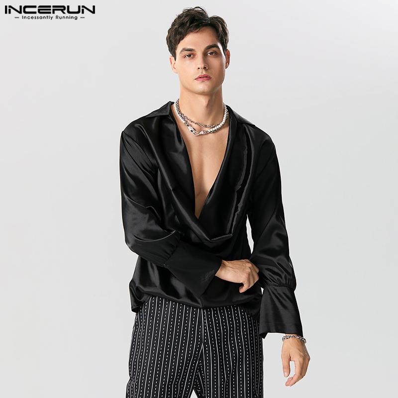 INCERUN Swinging Collar Men Hollow Out Long Sleeves Satin Tops