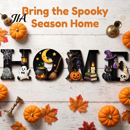 Halloween Party Supplies HOME Letter Wall Hanging Ornament, Wooden Festive Decor with Ghost Skull Indoor Ornaments Pumpkin Black Cat Bat Elements for