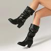 Большой размер, мягкая ПУ-обертка, три ряда пряжек для женских ботинок до середины голени, зауженный толстый каблук, флоковый материал для ботинок до икры