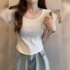 Irregular U-neck Short-sleeved T-shirt Women's Summer New Korean Version Slim-fitting High-waisted Short Student Solid-color Top