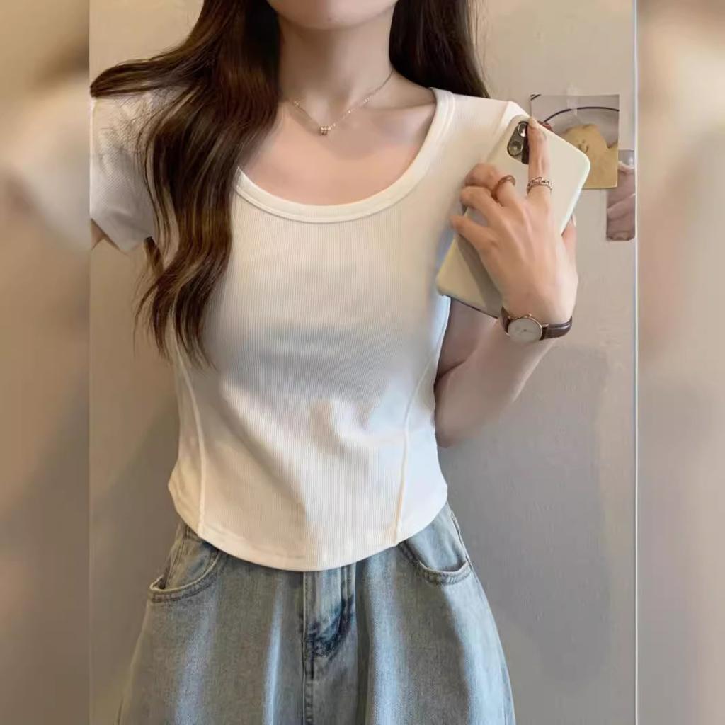 Irregular U-neck Short-sleeved T-shirt Women's Summer New Korean Version Slim-fitting High-waisted Short Student Solid-color Top