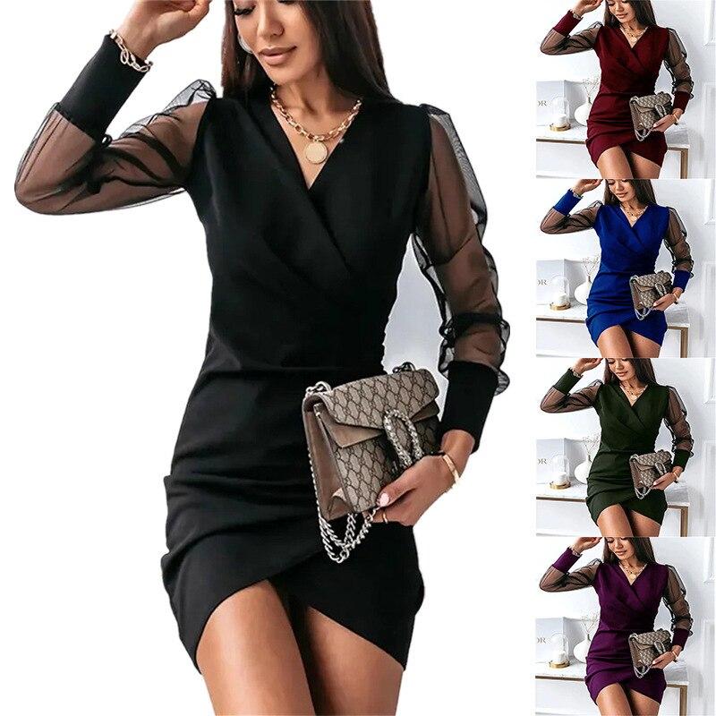 Women's Solid Color Mesh Long Sleeve V-neck Sexy Short Dress