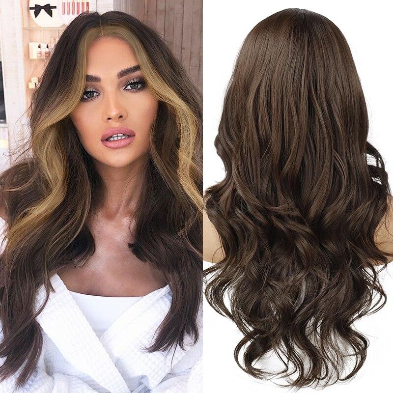 MISS WIG Long Black Brown Gloden Honey Wavy Wig with Highlights Cosplay Synthetic Wigs Women Heat Resistant Middle Part Wigs