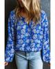 Azura Exchange Blue Floral Notched V-Neck Long Sleeve Blouse