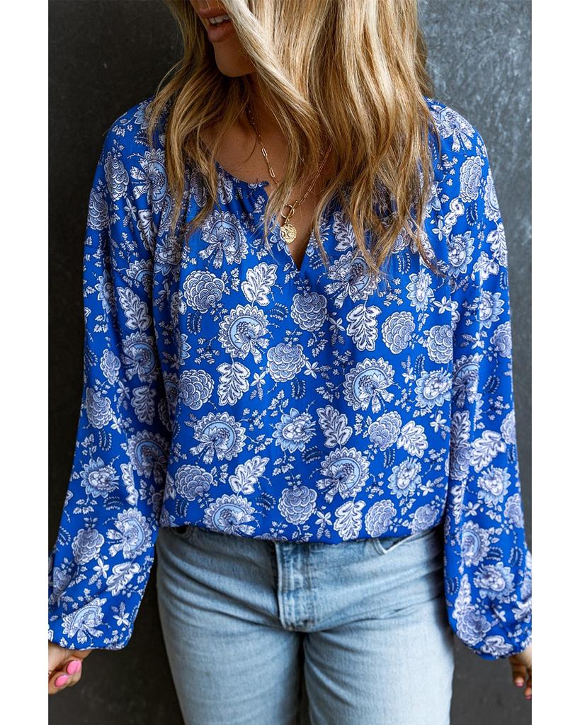 Azura Exchange Blue Floral Notched V-Neck Long Sleeve Blouse