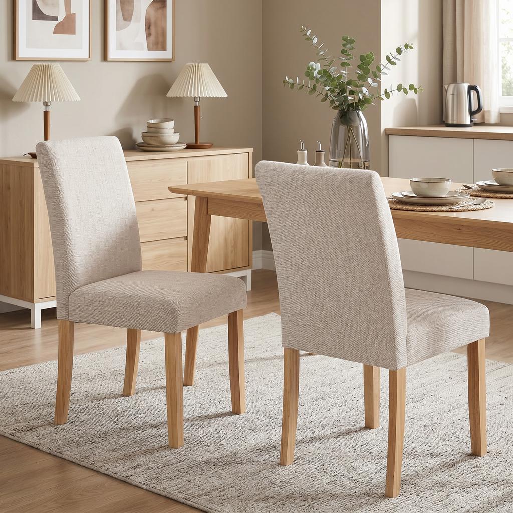 Dining Chairs Set of 2, Modern Linen Upholstered Chairs with Padded Seat and Backrest, Rubberwood Legs