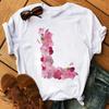 26 Letters Print T-Shirt Alphabet with Pink Flower Harajuku White Graphic Tee Casual Short Sleeve Lady Y2k Tops Women's Clothing