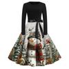 Christmas Print Flare Dress For Women Long Sleeve Dress Hollow Party Casual Dresses