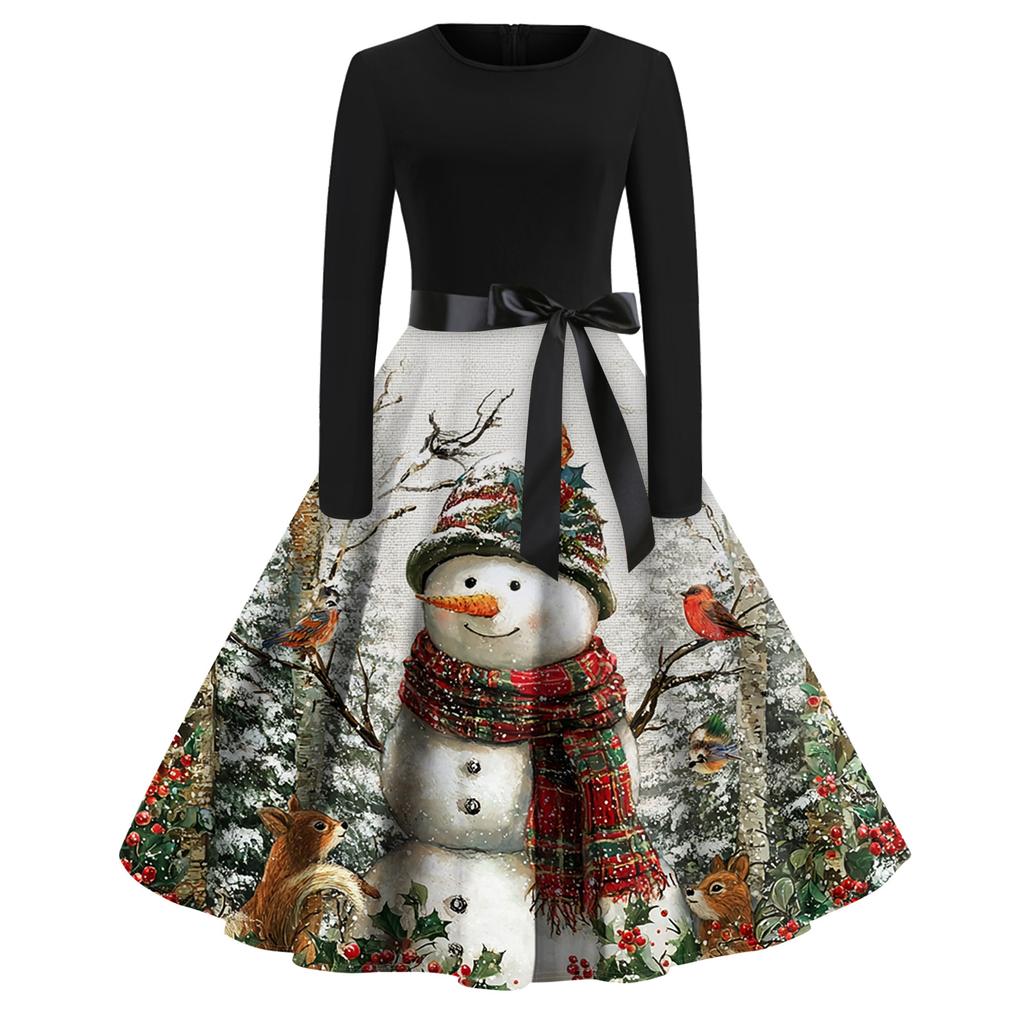 Christmas Print Flare Dress For Women Long Sleeve Dress Hollow Party Casual Dresses