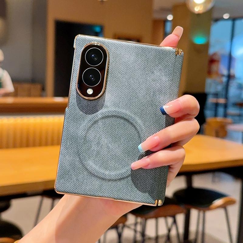 Luxury Plating Bumper Retro Denim Texture Case for Samsung Galaxy Z Fold 8 Ultra 8 7 for Magsafe Magnetic Hinge Protection Cover