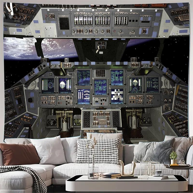 Интерьер кабины Space Shuttle с видом на Землю Настенный гобелен в стиле космической станции Машинная стирка Декор для любого сезона Принт Дом