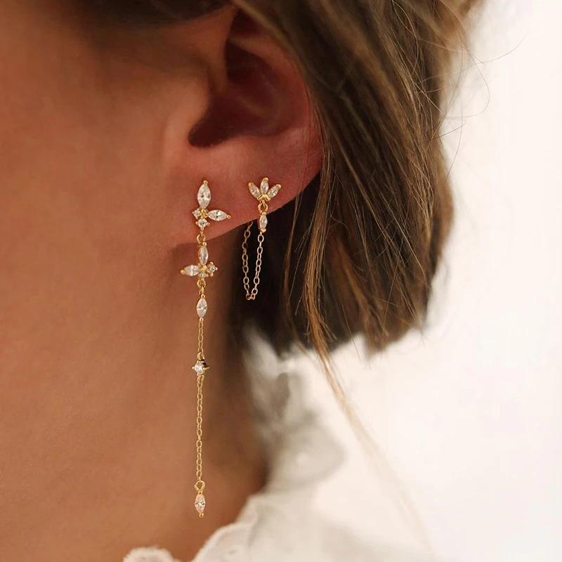 Exquisite Zircon Tassel Chain Dangle Earrings for Women Fashion Gold Color Pierced Ear Stud Earrings Jewelry Accessories KTJ