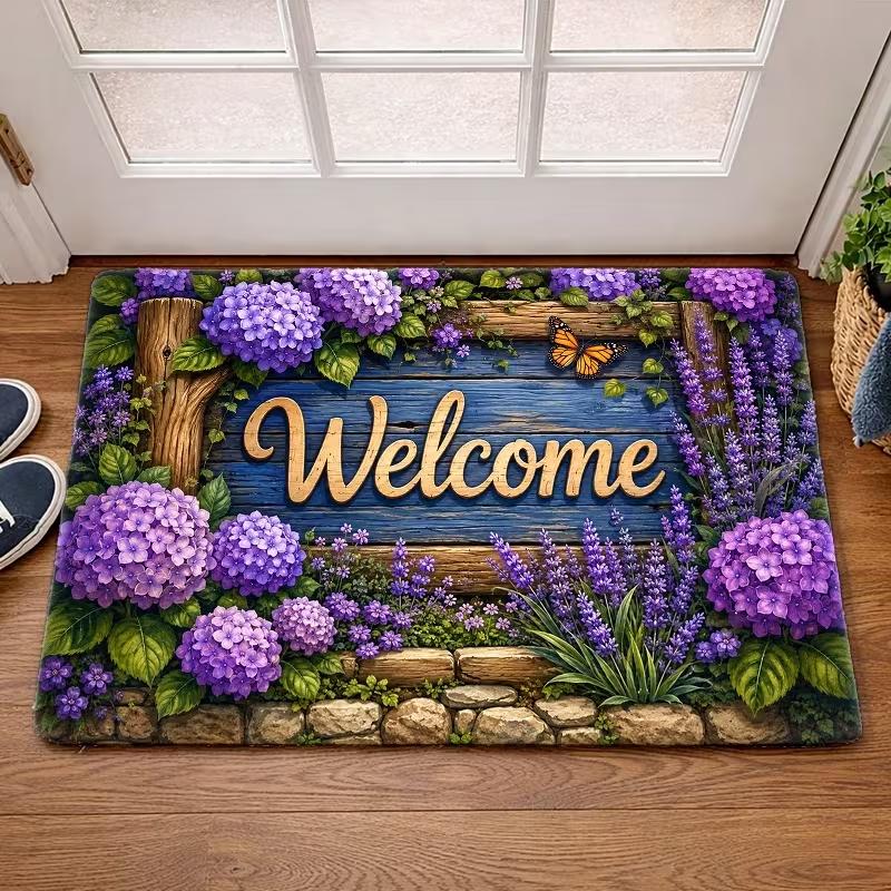 Rustic Blue Wood Entryway Welcome Mat Purple Flower Butterfly Area Rug Non-Slip Floor Carpet for Home Kitchen Corridor Doormat