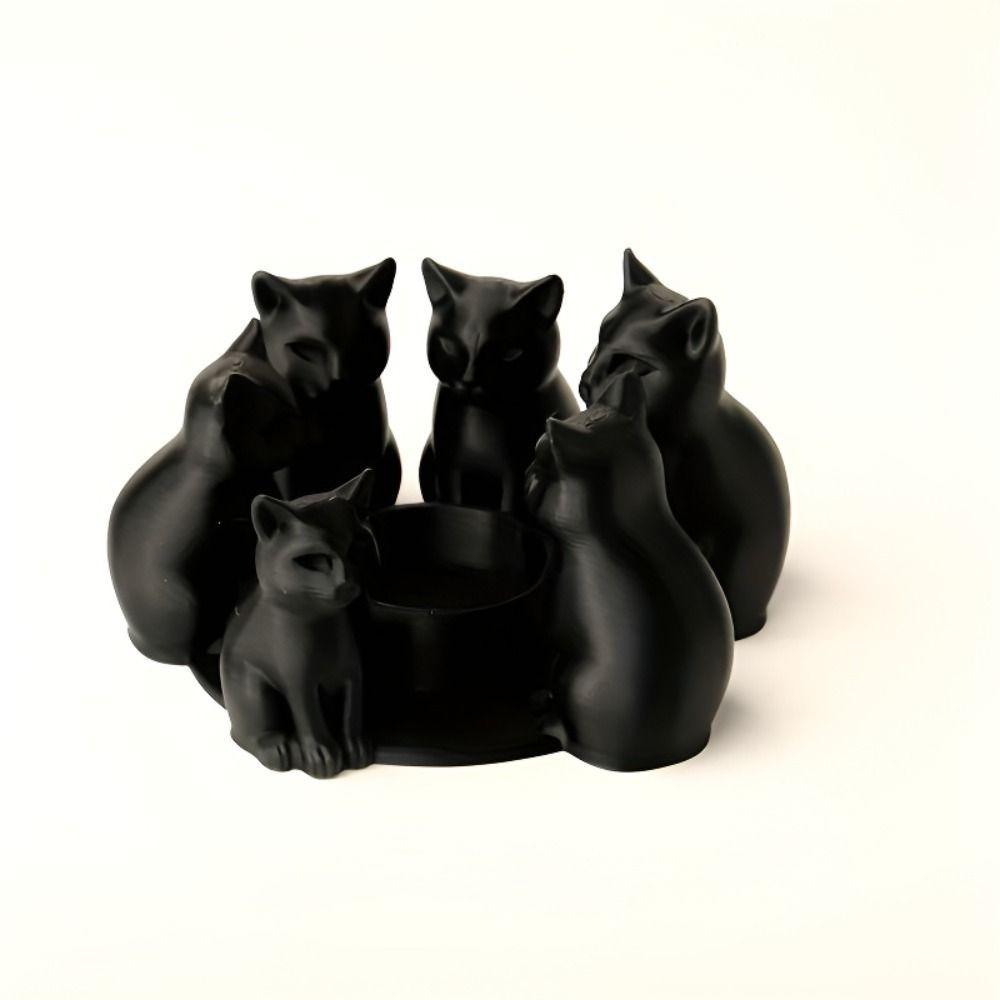 Черный Кот Кольцо Подсвечник Сидящий Дизайн 3D Печатный Держатель для Свечей Набор из 6 Штук Стильные Акценты Кошачий Орнамент