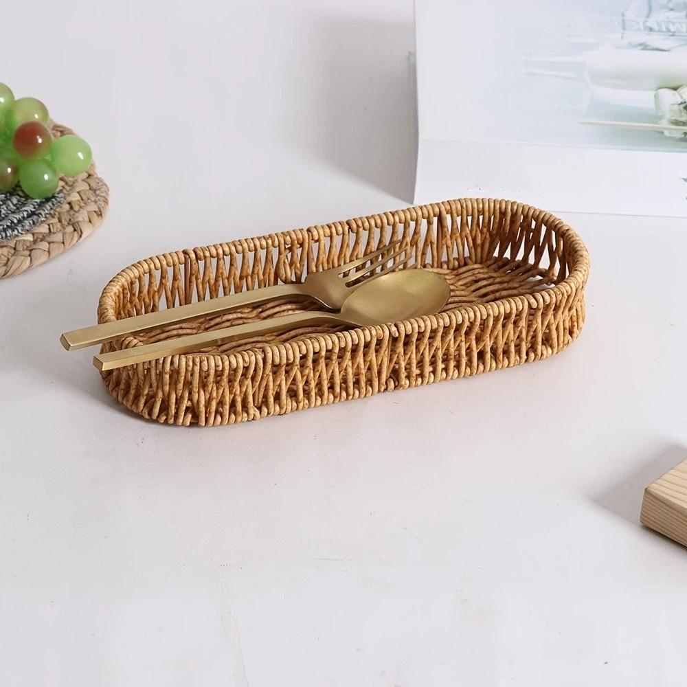 Retro Tableware Storage Basket Minimalist Desk Shelf Baskets Faux Wicker Tray Kitchen Utensils