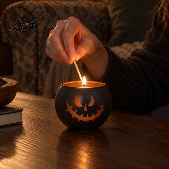 Funny Shadow Projector Halloween Pumpkin Glass Candle Holder, Iron Art Tealight Lantern for Tabletop Window Indoor Decorative Votives And Fireplace