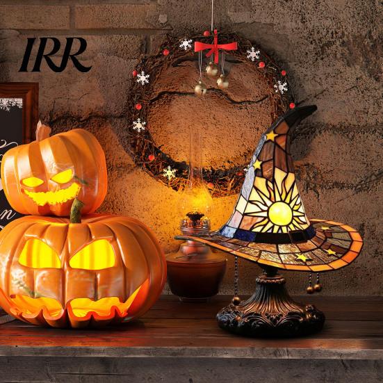 Low Energy Desk Lamp Stained Glass Style Witch Hat Lamp, USB Powered Resin Wizard Night Light Retro Gothic with Sun Star, Halloween Table for Bedroom