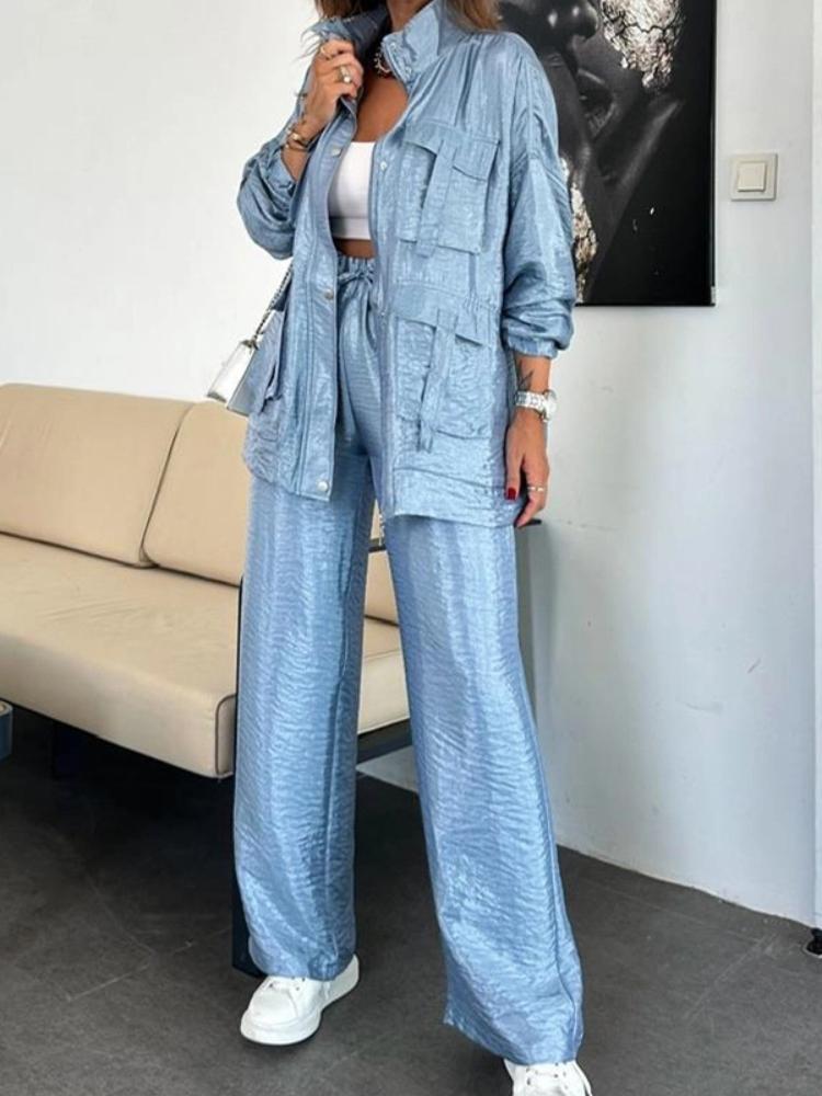 Женский костюм светло-серого цвета с брюками палаццо, курткой со стойкой, белым кроп-топом, повседневная офисная одежда