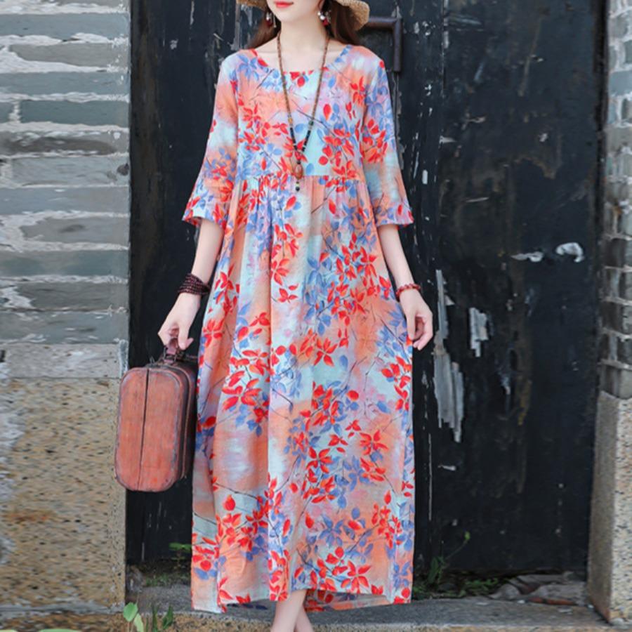 Этнический стиль Женское платье Лето Плюс Размер Принт Выше колена Рукав Семь Четвертей Длинные Платья