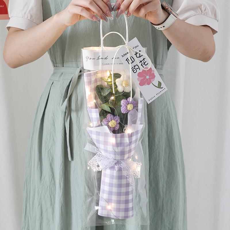 LED Knitted Flower Bouquets Finished Woven Bouquet Crochet Flower Decorations Artificial Flowers Wedding Decor Birthday Gifts