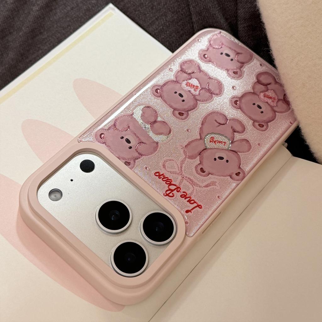 Gilded Apple17promax Phone case16Epoxy13Applicable iPhone15Pink bear plush toy Huawei Samsung