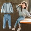 Girls Spring and Fall Korean Version of The Suit Middle and Large Children Round Neck Lace Sleeve Top + Jeans Two-piece Set