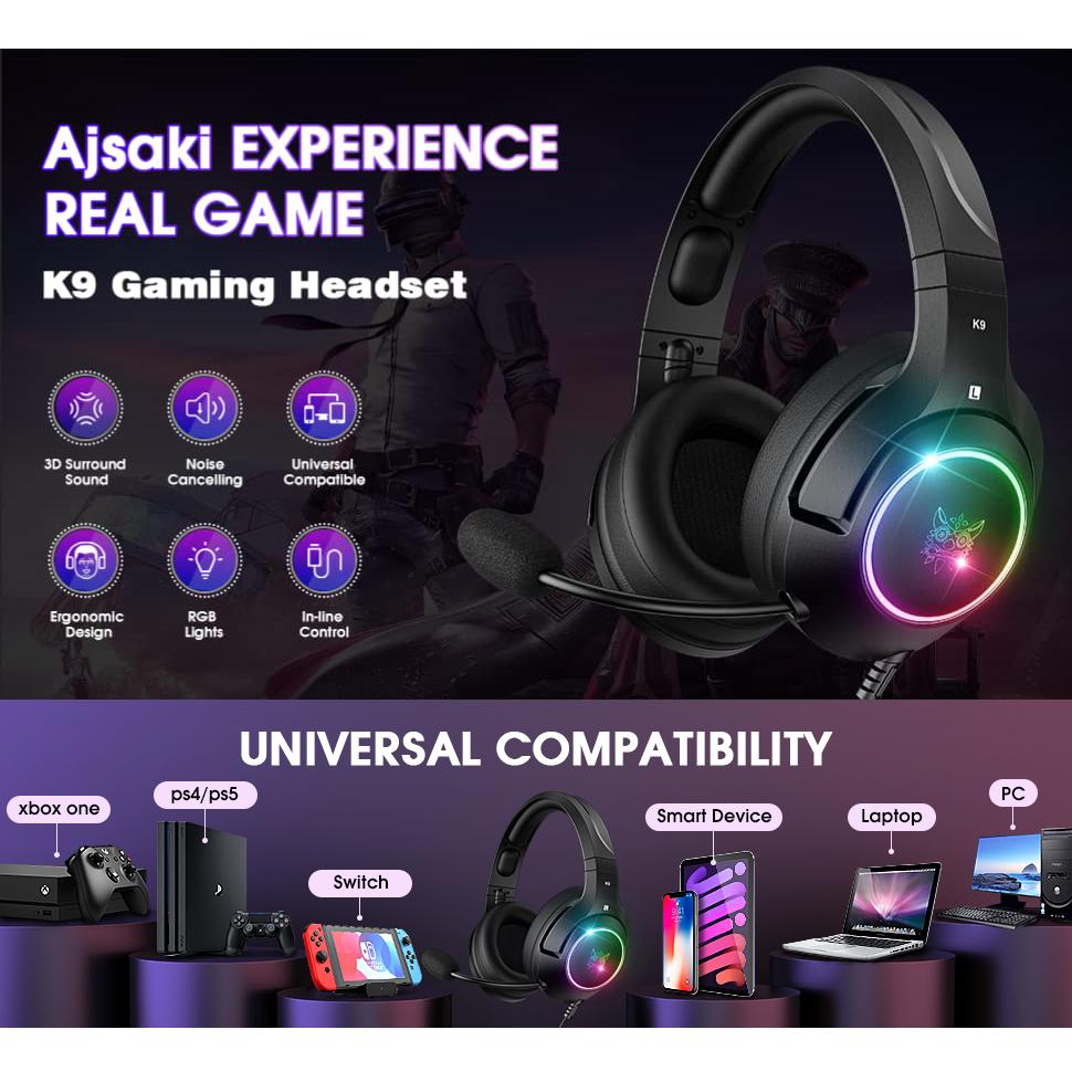 Игровая гарнитура K9 со светодиодной подсветкой RGB, шумоподавлением, стереогарнитура PS Vita с микрофоном, полноразмерные наушники для ПК, PS4, PS5, Switch, Xbox One, Mac