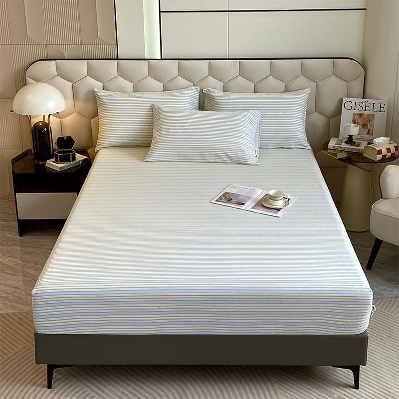 Комплект постельного белья из 3 предметов, простой, синий, в полоску, мягкий, приятный для кожи, утолщенный, 100% хлопок, эластичный, размер Queen Size